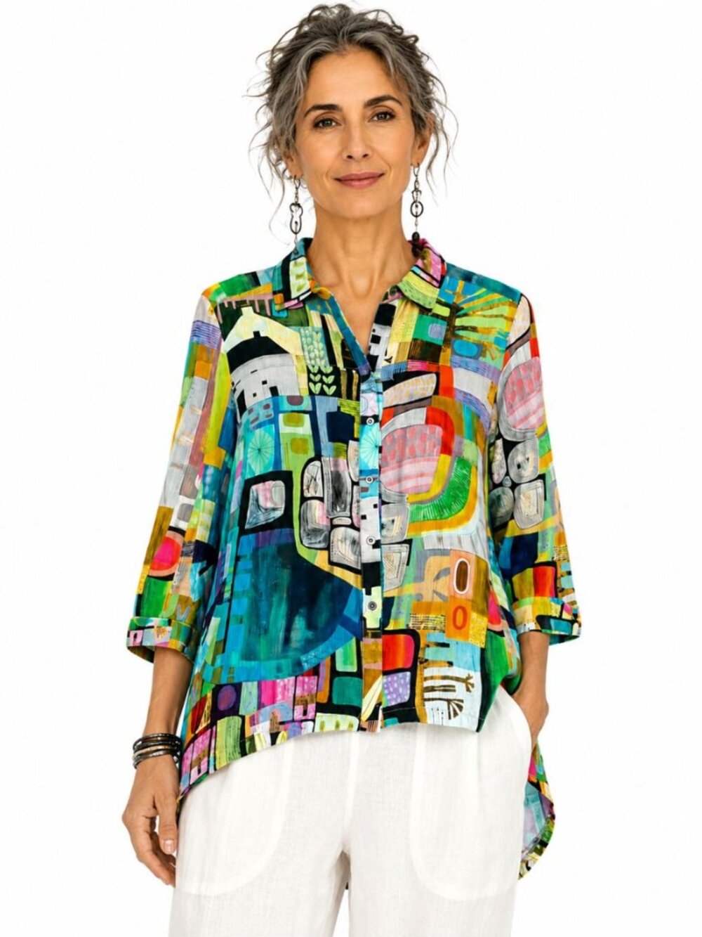 Simply Art by Dolcezza Women's Artsy Button Down Blouse Crepe Hi/Lo Hem Size L